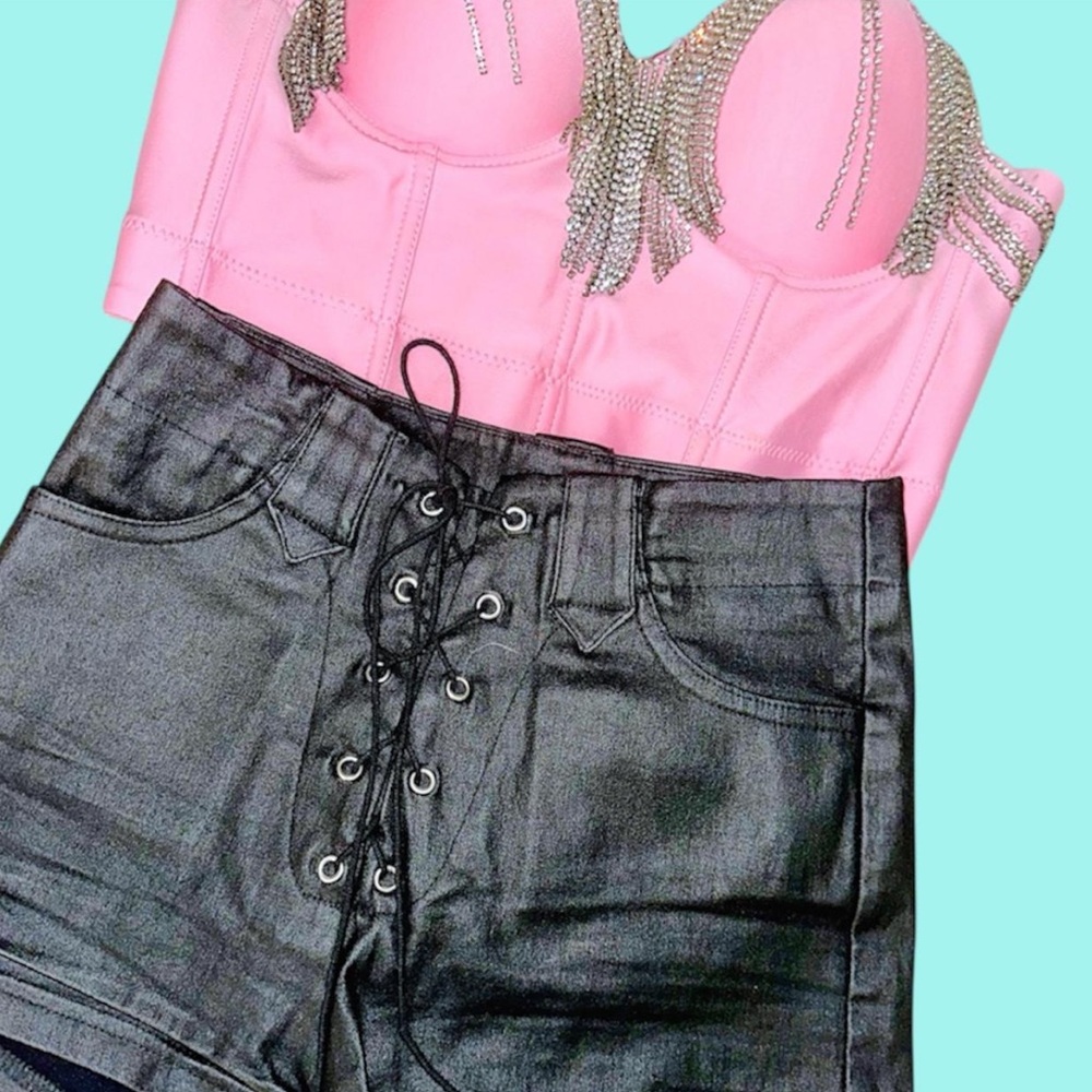 Pink Embellished Bustier Rhinestone Fringe Top & Black Matte Faux Leather Shorts